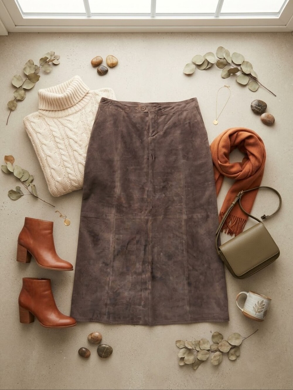 Eddie Bauer Seattle Suede Brown Leather Maxi Skirt